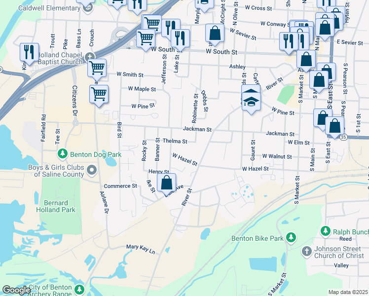 map of restaurants, bars, coffee shops, grocery stores, and more near 916 Thelma Street in Benton