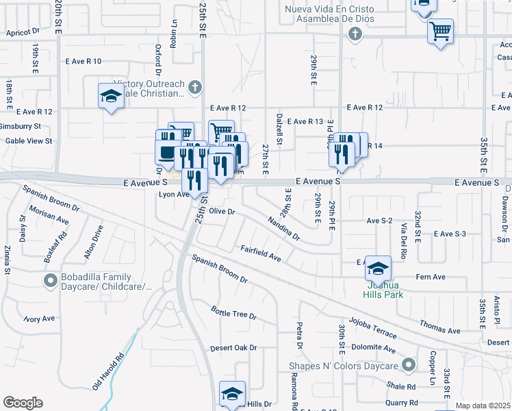 map of restaurants, bars, coffee shops, grocery stores, and more near 2621 Nandina Drive in Palmdale