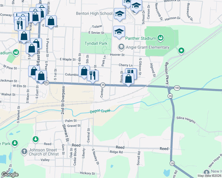 map of restaurants, bars, coffee shops, grocery stores, and more near 711 South Border Street in Benton
