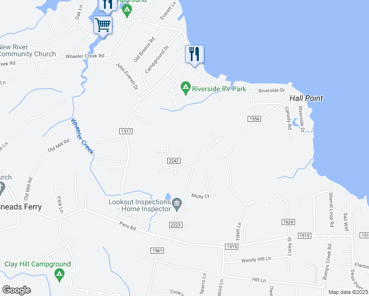 map of restaurants, bars, coffee shops, grocery stores, and more near 307 North Grazing Court in Sneads Ferry