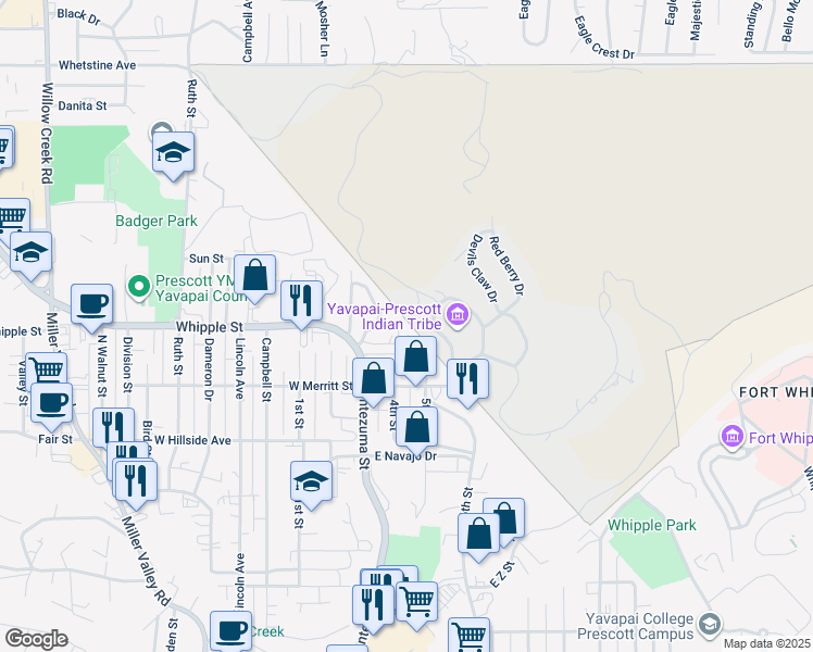 map of restaurants, bars, coffee shops, grocery stores, and more near 119 Whipple Place in Prescott