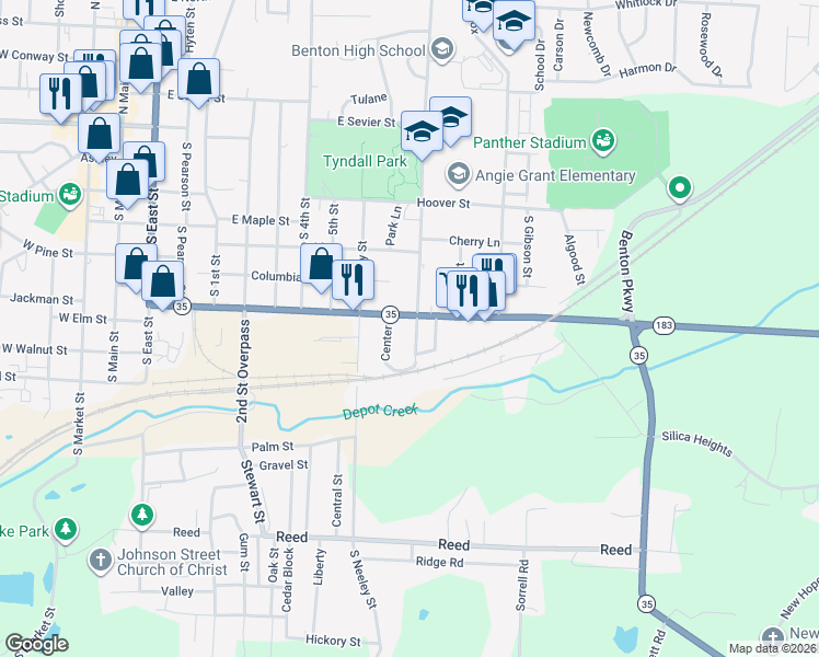map of restaurants, bars, coffee shops, grocery stores, and more near 711 South Border Street in Benton
