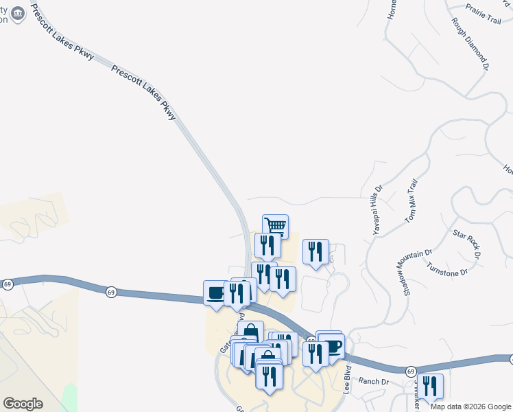 map of restaurants, bars, coffee shops, grocery stores, and more near 3131 Bar-Circle-A Road in Prescott