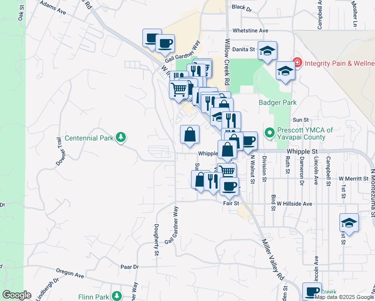 map of restaurants, bars, coffee shops, grocery stores, and more near 1046 Whipple Street in Prescott