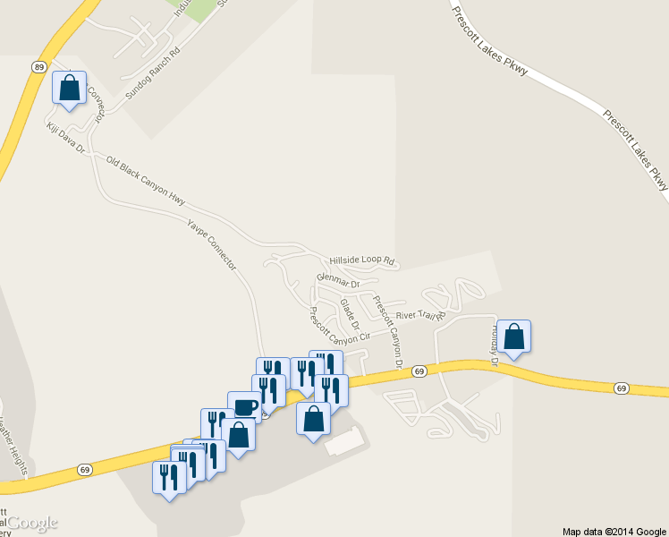 map of restaurants, bars, coffee shops, grocery stores, and more near 2157 Hillside Terrace in Prescott