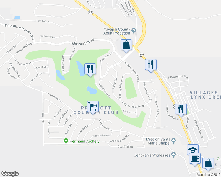 map of restaurants, bars, coffee shops, grocery stores, and more near 988 Latigo Lane in Yavapai County