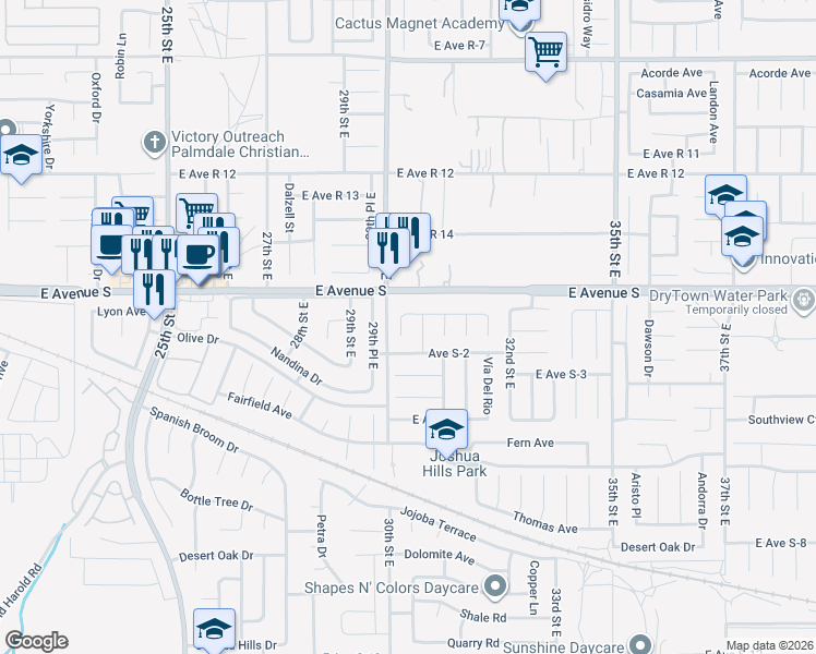 map of restaurants, bars, coffee shops, grocery stores, and more near 37128 Calle Amigo in Palmdale
