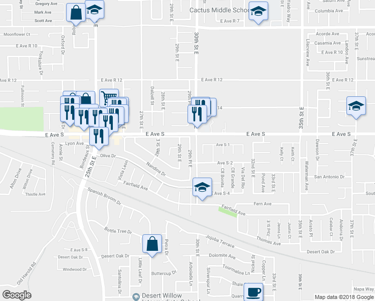 map of restaurants, bars, coffee shops, grocery stores, and more near 37141 29th Place East in Palmdale