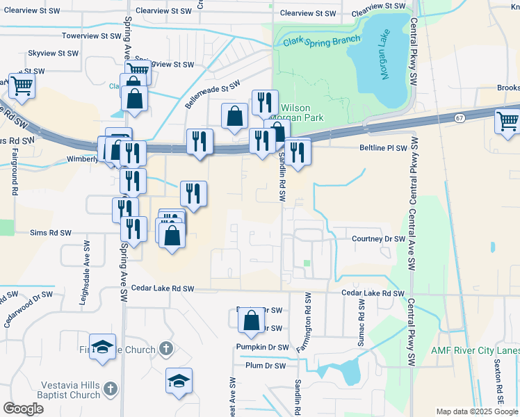 map of restaurants, bars, coffee shops, grocery stores, and more near 2807 Sandlin Road Southwest in Decatur