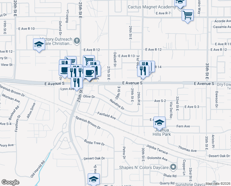 map of restaurants, bars, coffee shops, grocery stores, and more near 2721 Juniper Drive in Palmdale