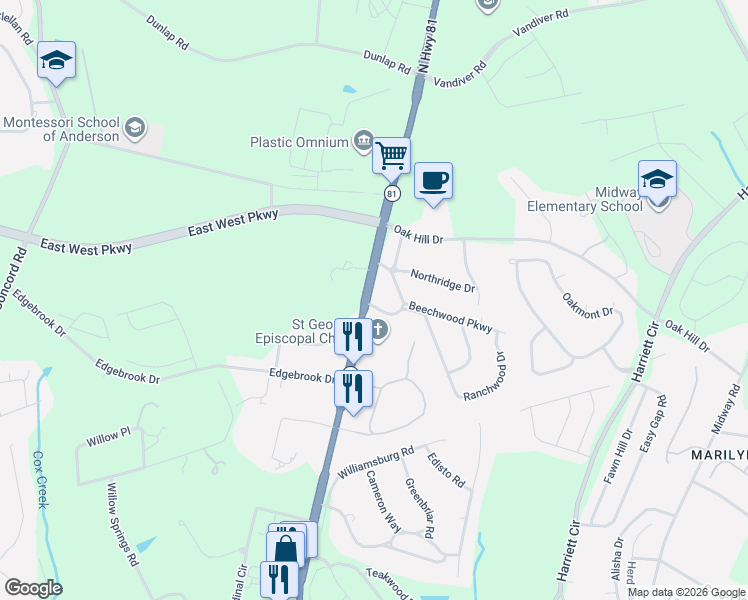 map of restaurants, bars, coffee shops, grocery stores, and more near 2601 Belaire Circle in Anderson