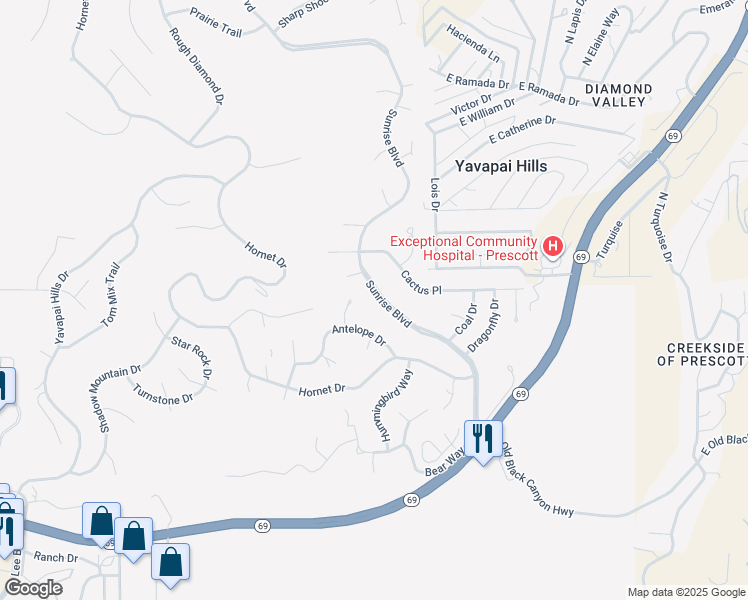 map of restaurants, bars, coffee shops, grocery stores, and more near 694 Sunrise Boulevard in Prescott