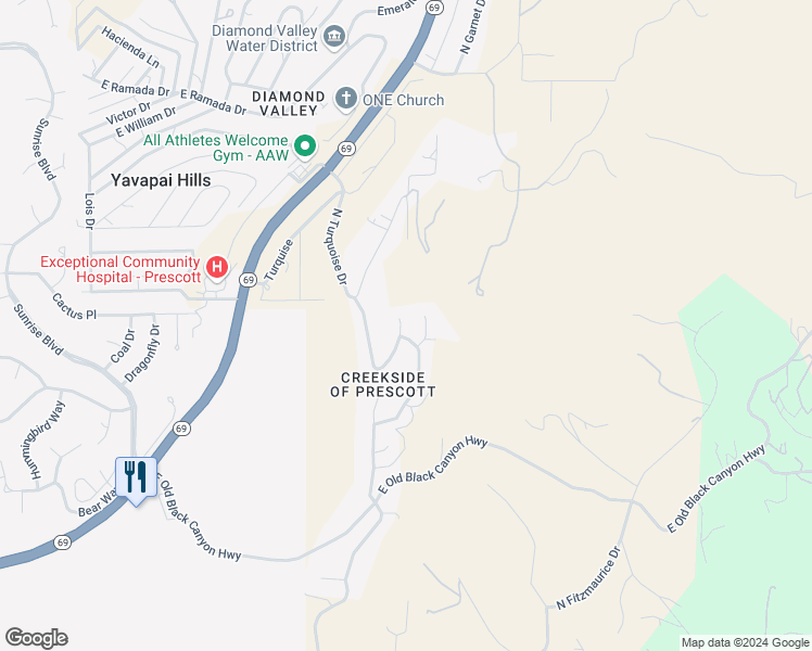 map of restaurants, bars, coffee shops, grocery stores, and more near 875 Peak View Way in Prescott