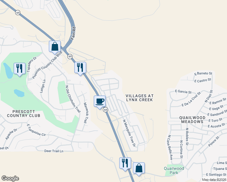 map of restaurants, bars, coffee shops, grocery stores, and more near 12185 E Obsidian Loop Rd in Prescott Valley