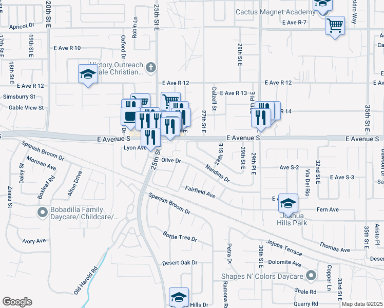 map of restaurants, bars, coffee shops, grocery stores, and more near 2609 Nandina Drive in Palmdale