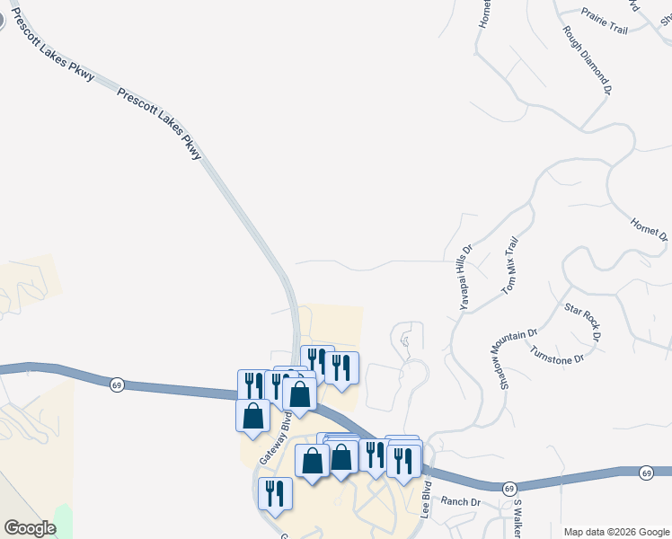 map of restaurants, bars, coffee shops, grocery stores, and more near 3249 Bar-Circle-A Road in Prescott