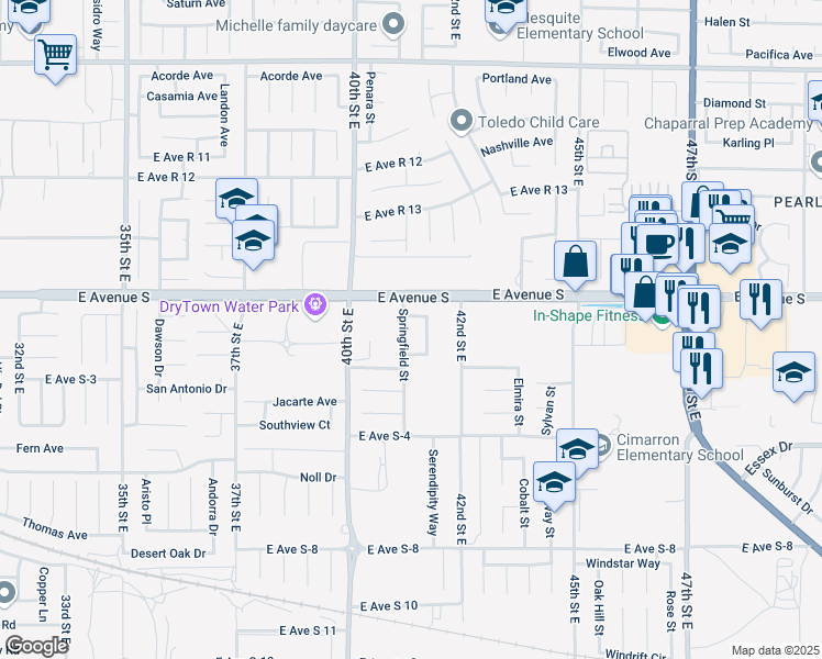 map of restaurants, bars, coffee shops, grocery stores, and more near 37146 Springfield Street in Palmdale