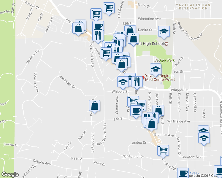 map of restaurants, bars, coffee shops, grocery stores, and more near 1040 Whipple Street in Prescott