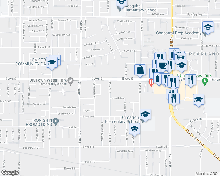 map of restaurants, bars, coffee shops, grocery stores, and more near 37098 42nd Street East in Palmdale
