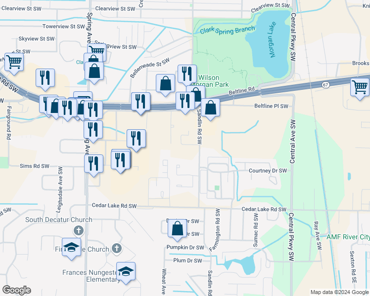 map of restaurants, bars, coffee shops, grocery stores, and more near 2807 Sandlin Road Southwest in Decatur