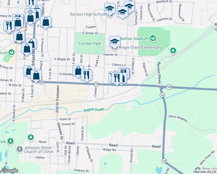 map of restaurants, bars, coffee shops, grocery stores, and more near 1119 Edison Avenue in Benton