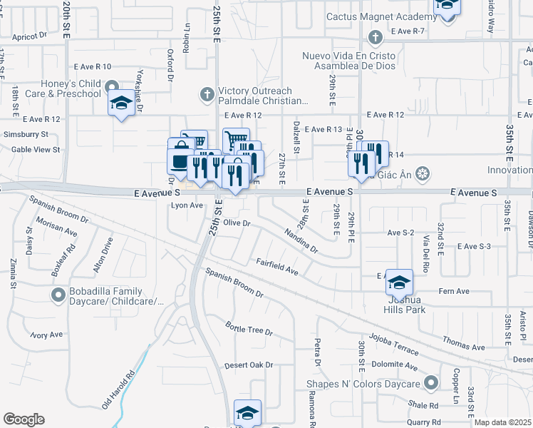 map of restaurants, bars, coffee shops, grocery stores, and more near 2609 Nandina Drive in Palmdale