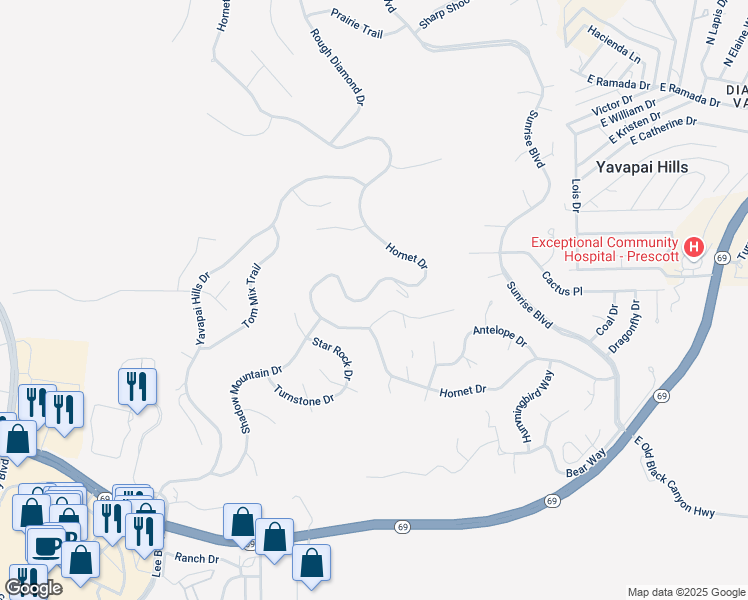map of restaurants, bars, coffee shops, grocery stores, and more near 4636 Hornet Drive in Prescott