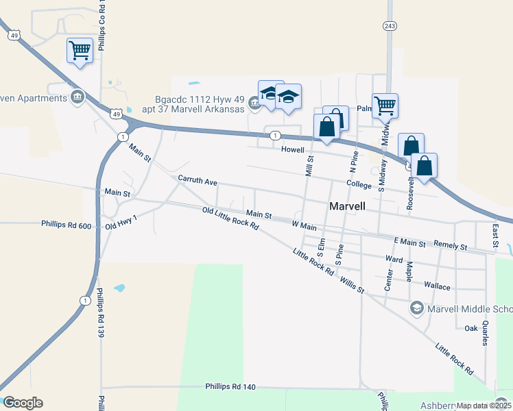 map of restaurants, bars, coffee shops, grocery stores, and more near 405 Teachers Street in Marvell