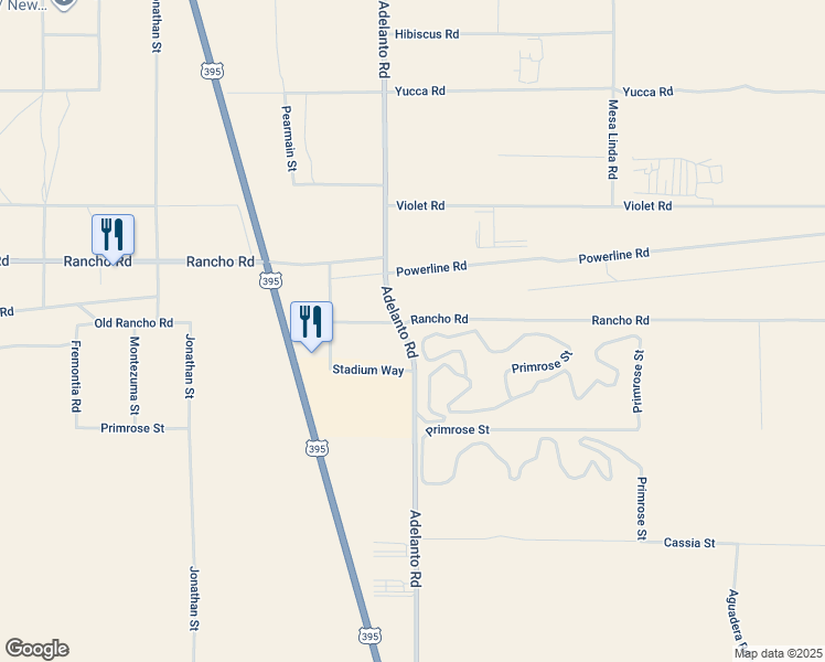 map of restaurants, bars, coffee shops, grocery stores, and more near 16917 Adelanto Road in Adelanto