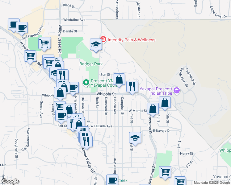 map of restaurants, bars, coffee shops, grocery stores, and more near 502 Whipple Street in Prescott