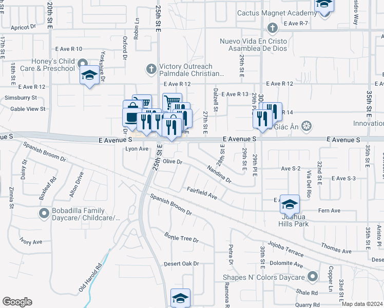 map of restaurants, bars, coffee shops, grocery stores, and more near 2605 Nandina Drive in Palmdale