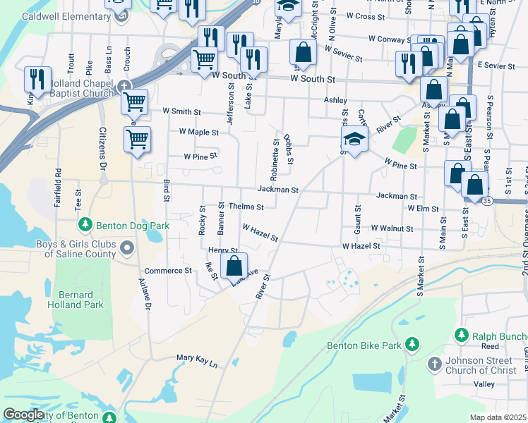 map of restaurants, bars, coffee shops, grocery stores, and more near 916 Thelma Street in Benton