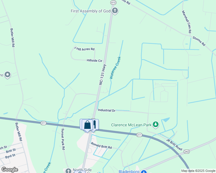 map of restaurants, bars, coffee shops, grocery stores, and more near 58 Emily Lane in Bladenboro