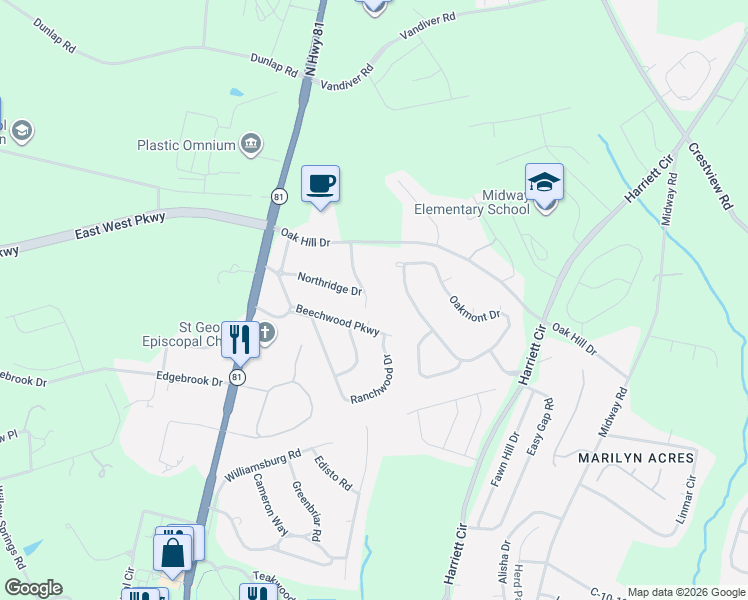 map of restaurants, bars, coffee shops, grocery stores, and more near 218 Northridge Drive in Anderson