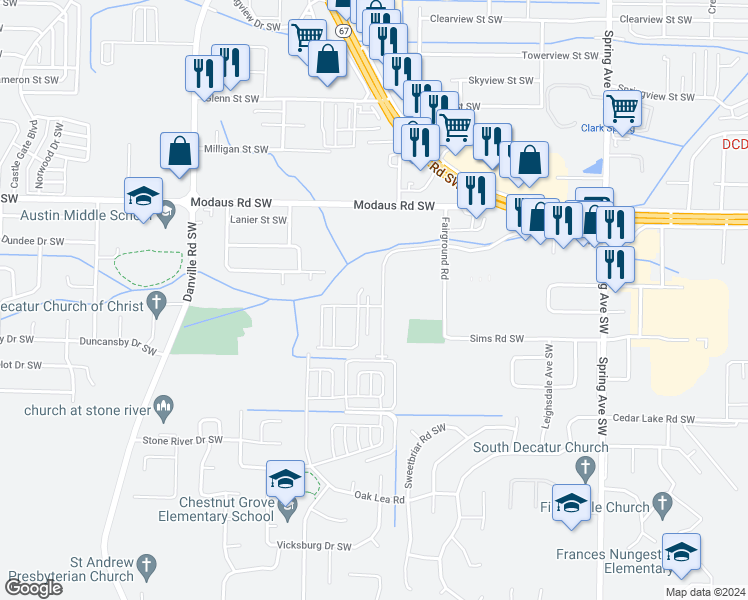 map of restaurants, bars, coffee shops, grocery stores, and more near 2825 Wimberly Drive Southwest in Decatur