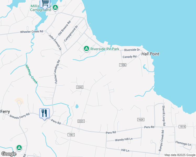 map of restaurants, bars, coffee shops, grocery stores, and more near 153 Lawndale Lane in Sneads Ferry