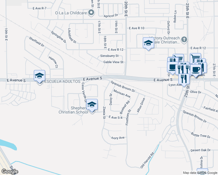 map of restaurants, bars, coffee shops, grocery stores, and more near 37152 Zinnia Street in Palmdale
