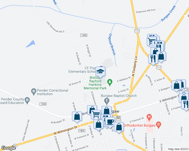 map of restaurants, bars, coffee shops, grocery stores, and more near 503 North Wright Street in Burgaw