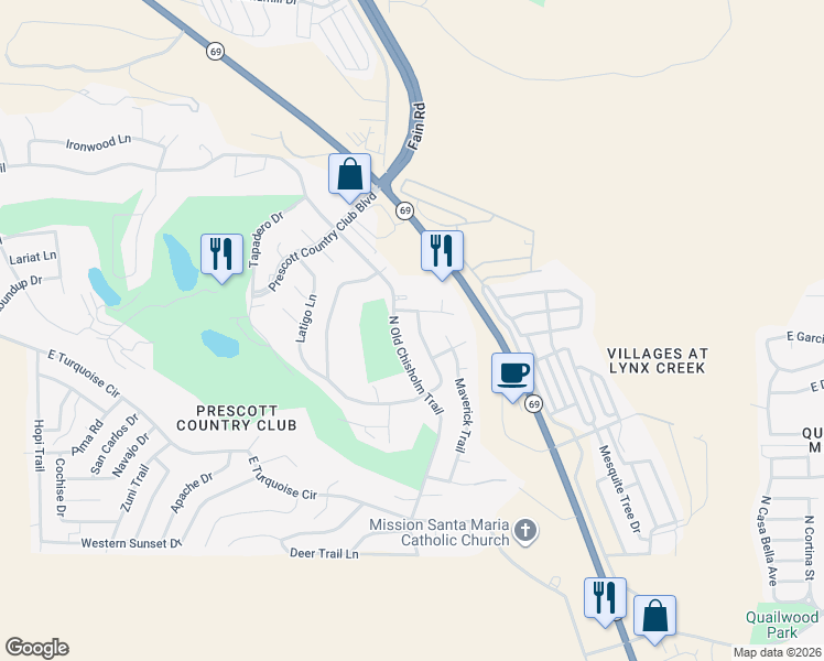 map of restaurants, bars, coffee shops, grocery stores, and more near 11880 Stirrup High Drive East in Yavapai County