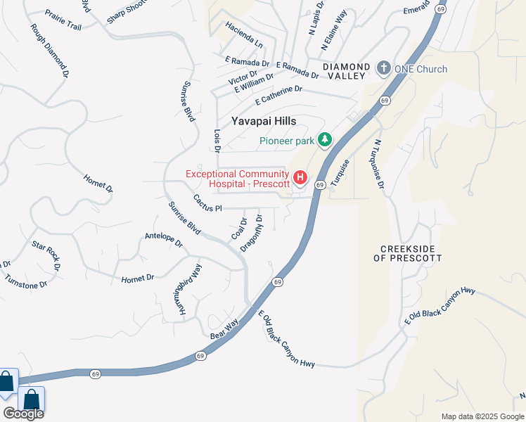 map of restaurants, bars, coffee shops, grocery stores, and more near 685 Dragonfly Drive in Prescott