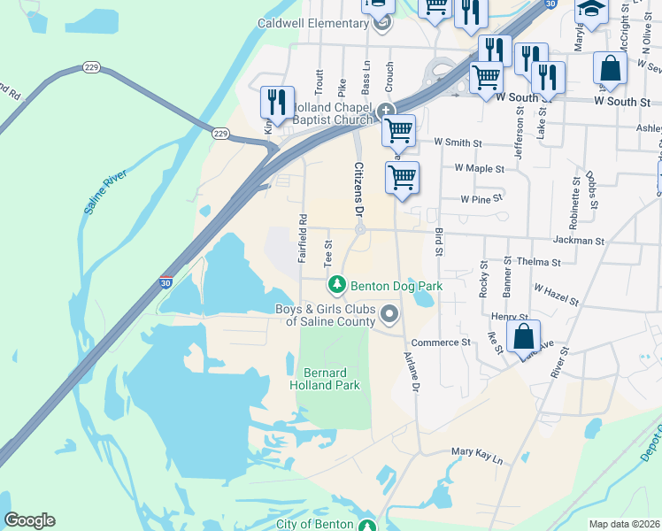 map of restaurants, bars, coffee shops, grocery stores, and more near 808 Tee Street in Benton