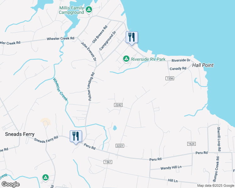 map of restaurants, bars, coffee shops, grocery stores, and more near 303 Grismill Road in Sneads Ferry