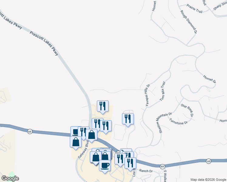 map of restaurants, bars, coffee shops, grocery stores, and more near 3321 Bar-Circle-A Road in Prescott