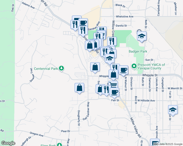 map of restaurants, bars, coffee shops, grocery stores, and more near 831 Gail Gardner Way in Prescott