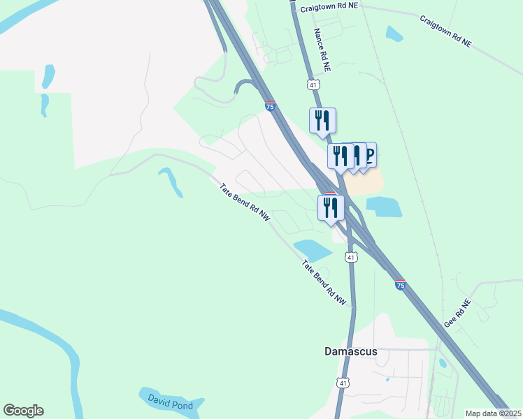 map of restaurants, bars, coffee shops, grocery stores, and more near 336 Tate Bend Road Northwest in Calhoun