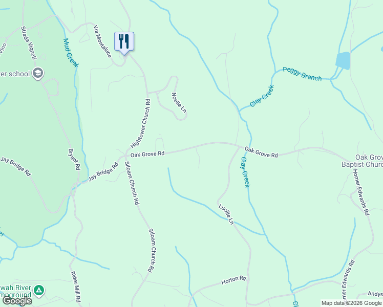 map of restaurants, bars, coffee shops, grocery stores, and more near 3633 Oak Grove Road in Dahlonega