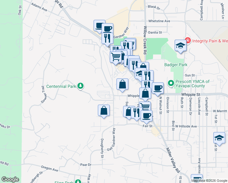 map of restaurants, bars, coffee shops, grocery stores, and more near 831 Gail Gardner Way in Prescott