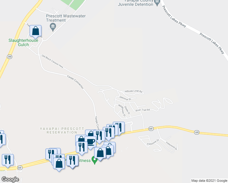 map of restaurants, bars, coffee shops, grocery stores, and more near 2095 Hillside Loop Road in Prescott