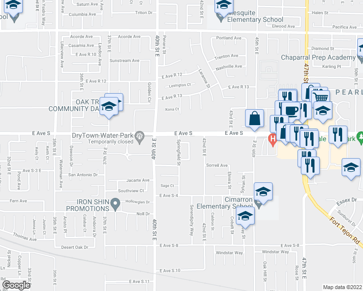 map of restaurants, bars, coffee shops, grocery stores, and more near 37146 Springfield Street in Palmdale