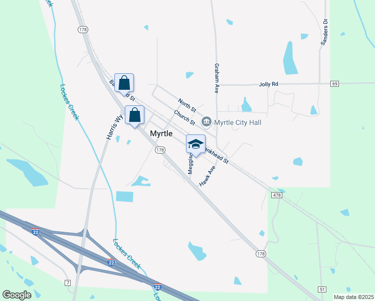 map of restaurants, bars, coffee shops, grocery stores, and more near 1001-1015 Meggison Lane in Myrtle